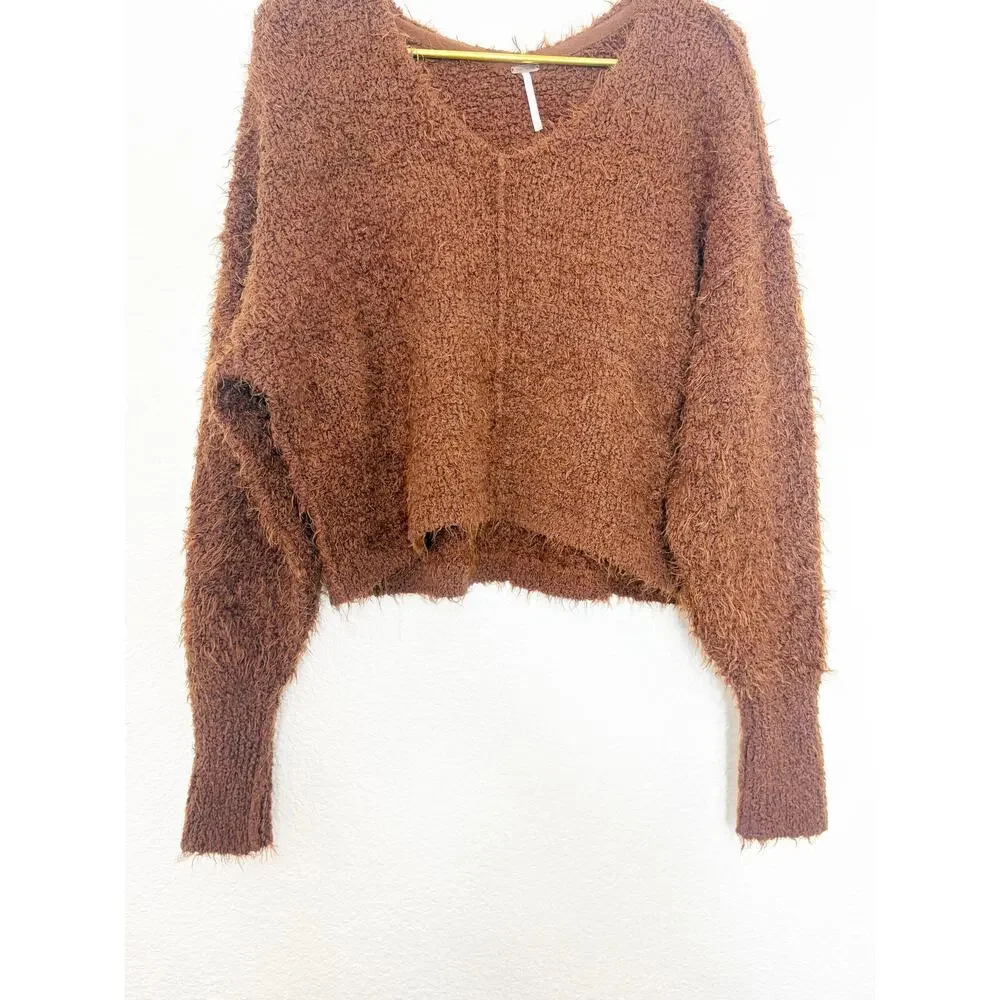 Free People Icing V-Neck Sweater Mocha Brown Size XS Fuzzy Oversized Soft